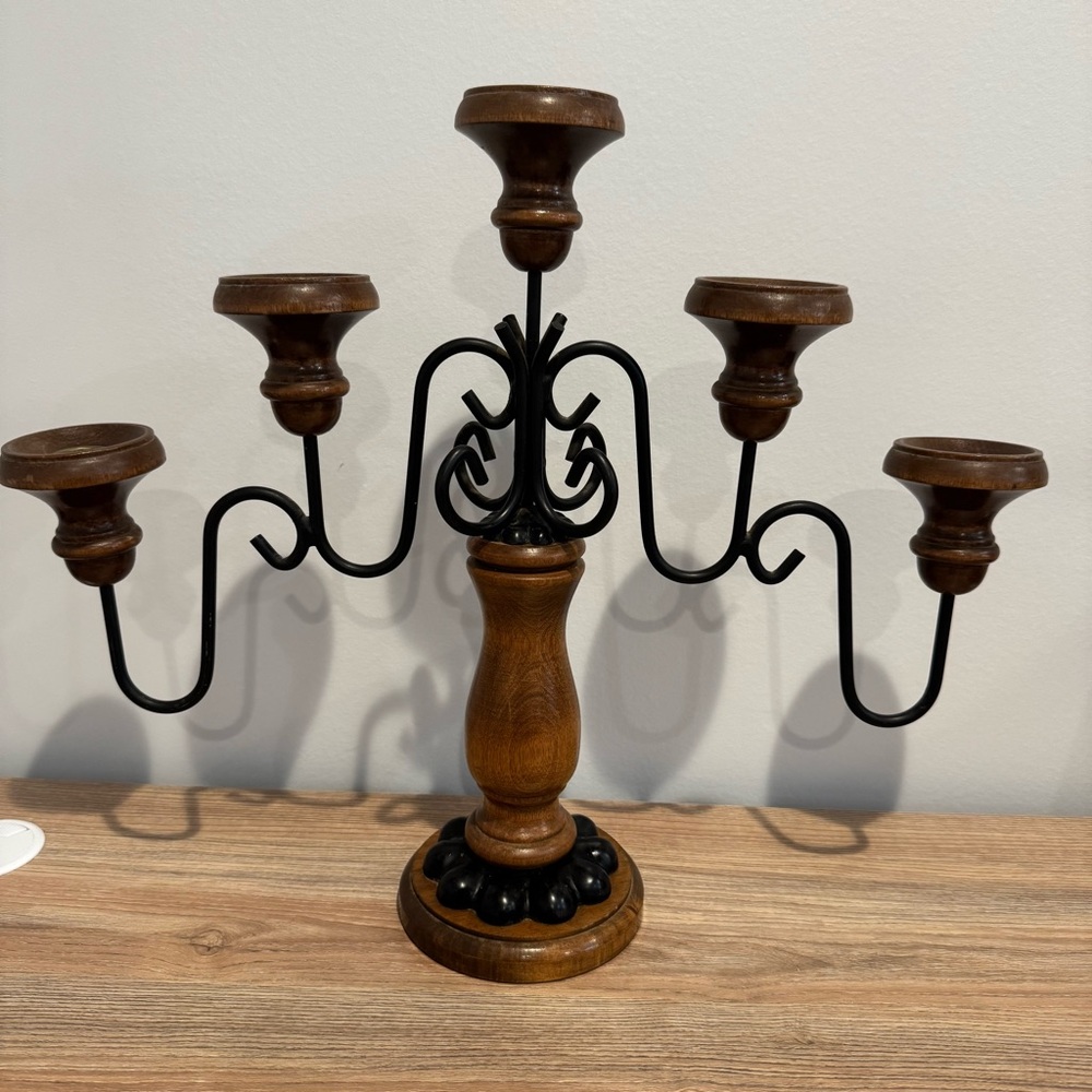 Vintage 1960’s 5 Candle Candelabra Wooden/Wrought Iron‎